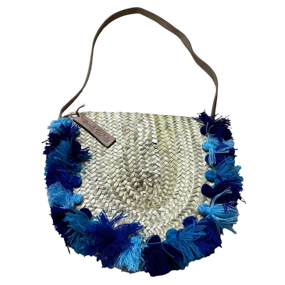 French Baskets Straw Purse Pom Pom Blue Latch Crossbody Beach Handmade New Tag - Picture 8 of 11
